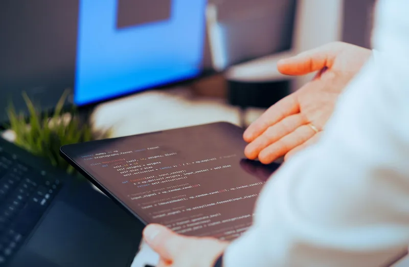 Software developer reviewing payment gateway integration code on a tablet
